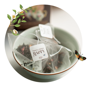 Premium whole leaf tea in plant based bags with an uplifting quote on the tag.